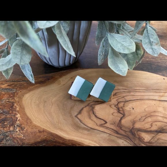 Handmade Clay Square Studs - Forest Greens Series - Picture 2 of 5